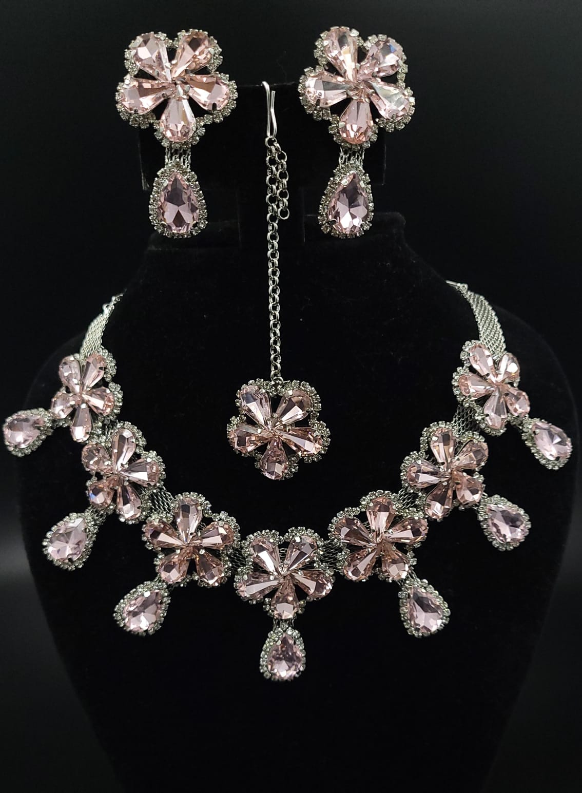 Glass stone CZ Necklace Earrings Mangtika set pink color