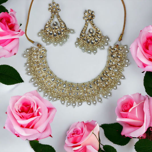 Kundan Polki With Hydro Crystal Choker Necklace Set With Earrings