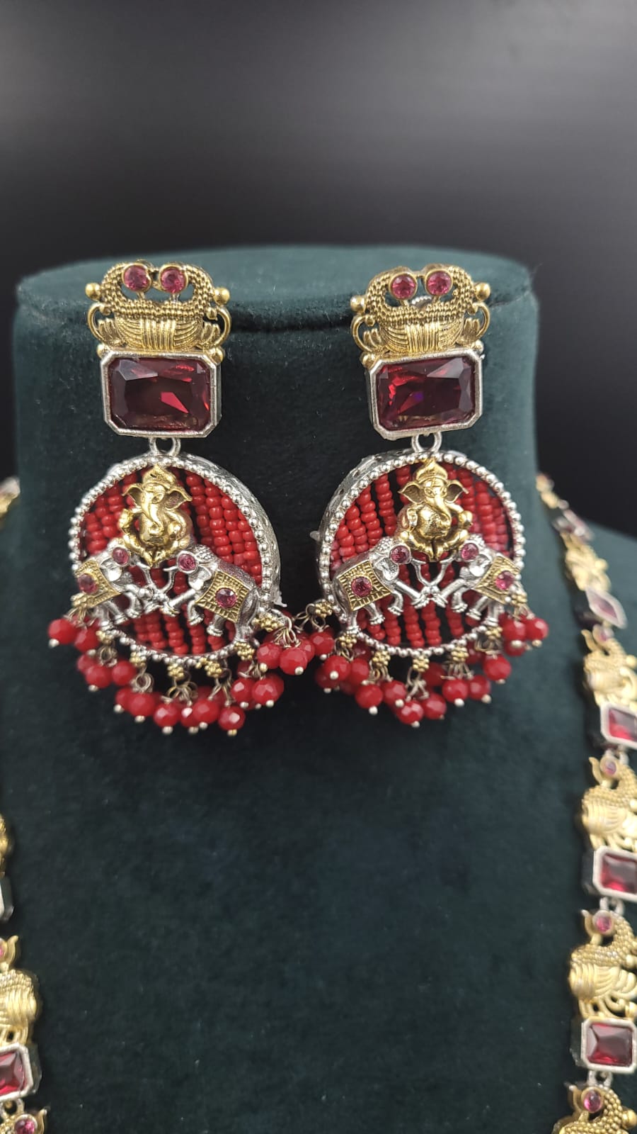 Dual Tone Silver Lookalike Long mala set with Ruby Doublet stone and crystal with Ganpati Motif