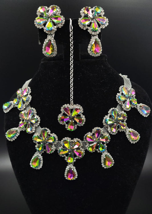 Glass stone CZ Necklace Earrings Mangtika set vm color