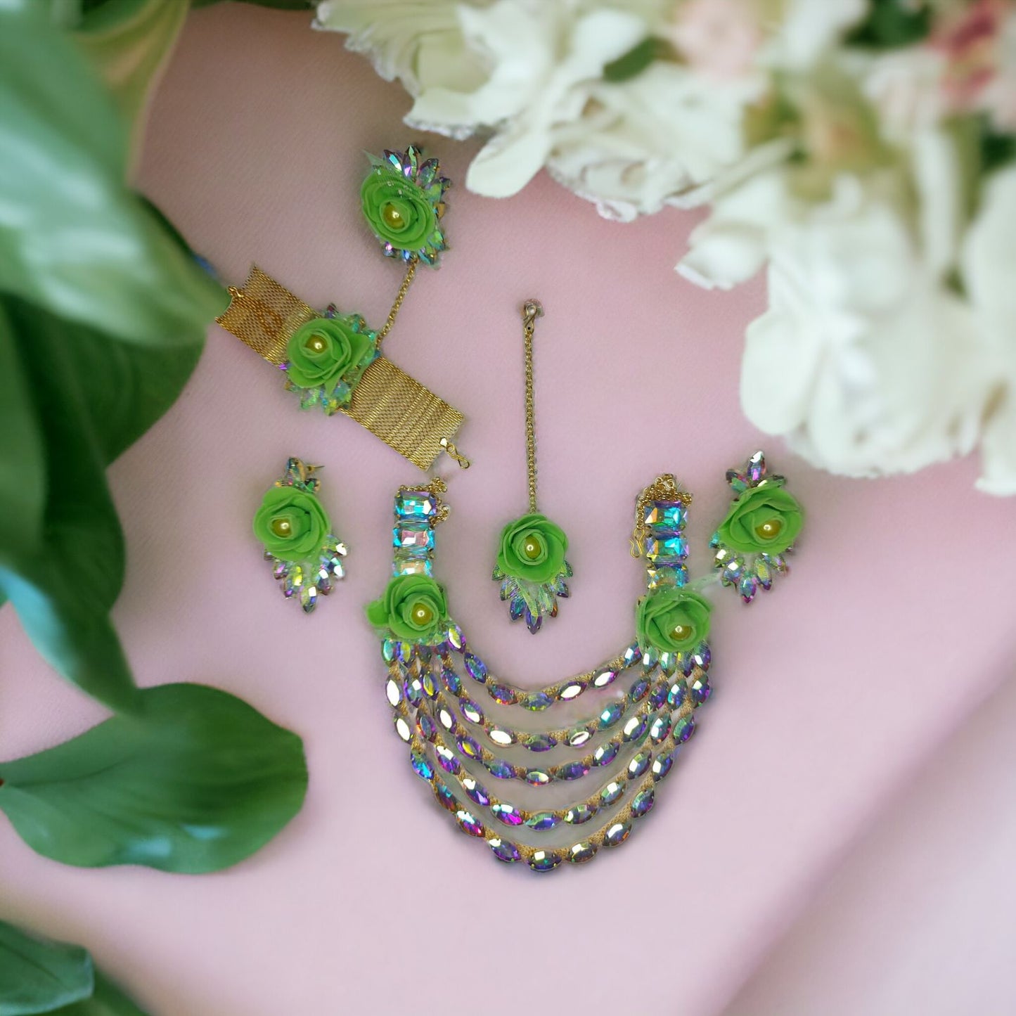 Floral Multi layer Glass Stone Necklace set with earrings mangtika and hath phool