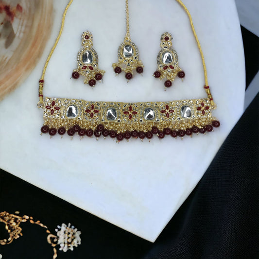 Kundan Polki With Hydro Crystal Choker Necklace Earrings With Mangtika Set Wine Color