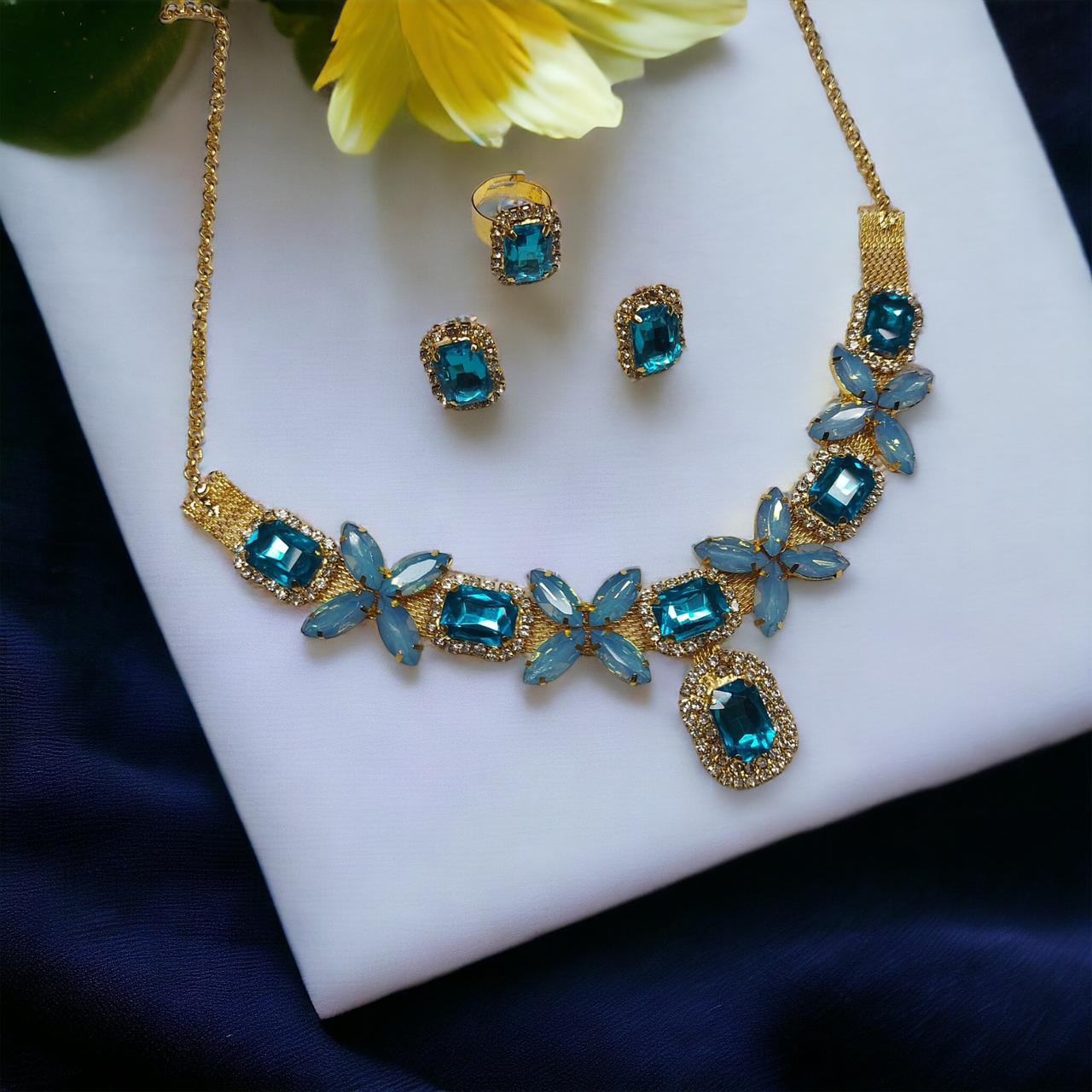 Glass Stone Necklace Set With Earrings And Adjustable Fingerring Blue in Color