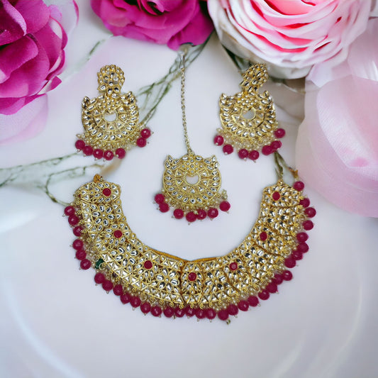 Kundan Hydro Crystal Necklace Set With Earrings Mangtika Rani-Pink Color