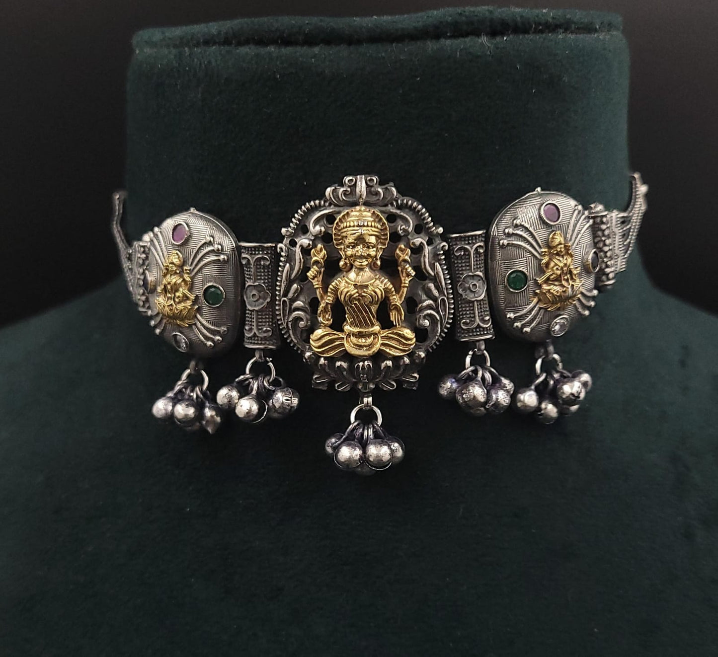 Dual Tone Silver Lookalike Temple Choker set with Ruby and Emerald stone work with Laxmi mata Motif