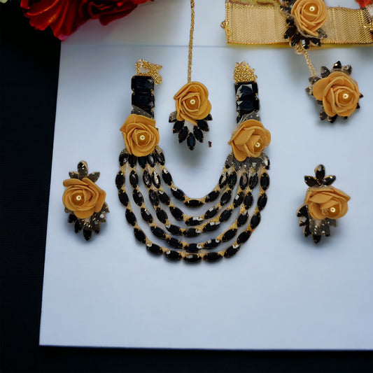 Floral Multi layer Glass Stone Necklace set with earrings mangtika and hath phool