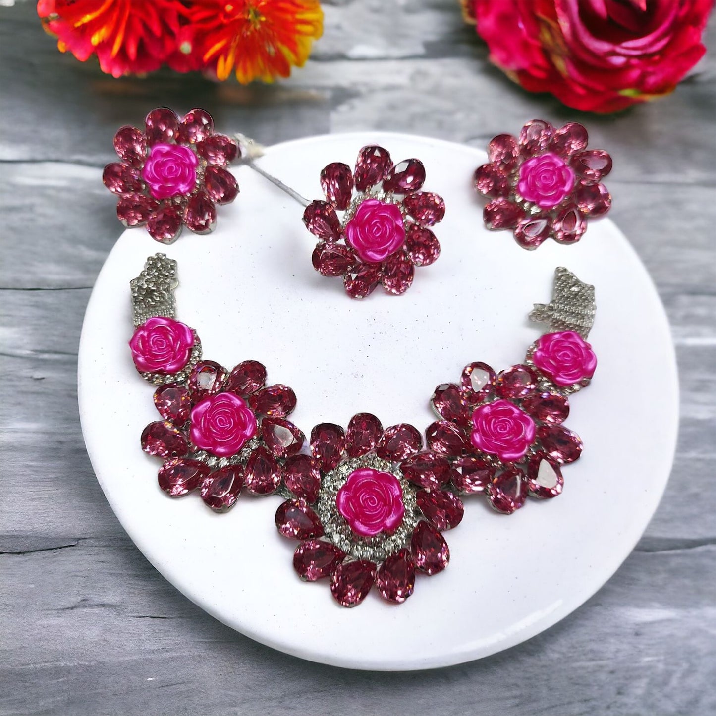 Glass Stone necklace set with earrings and adjustable fingerring pink in color