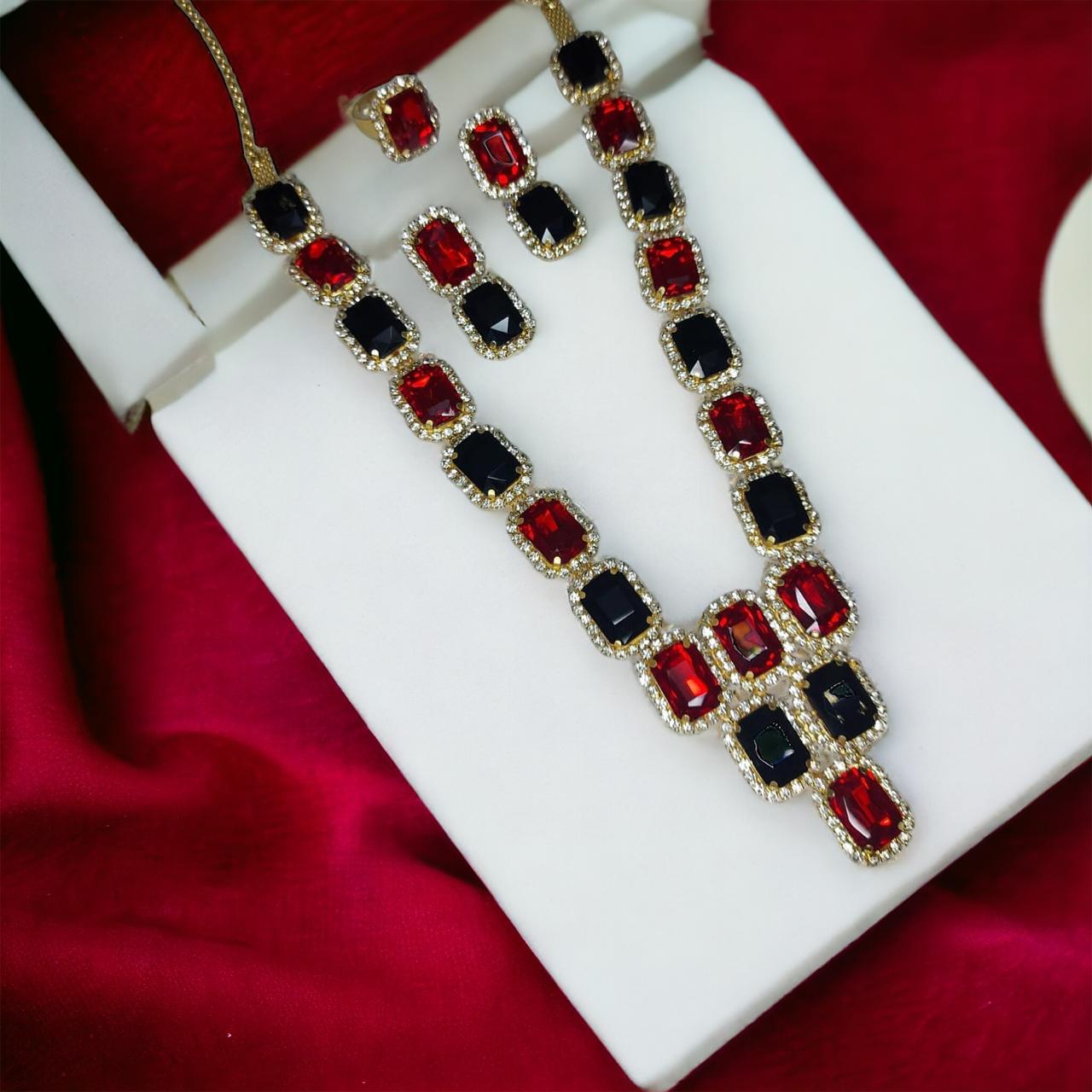 Glass Stone Rani Haar Necklace Set With Earrings And Adjustable