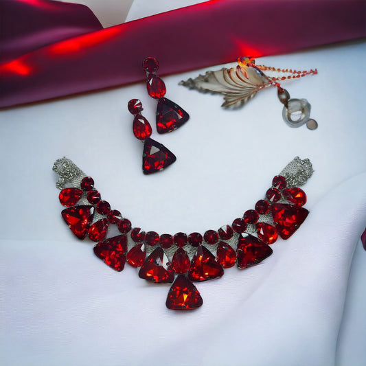 Glass Stone necklace set with earrings Red Color