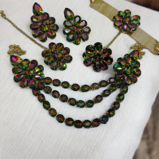 Glass Stone Necklace Multi layer lahori Flower Design with mang tika VM Color