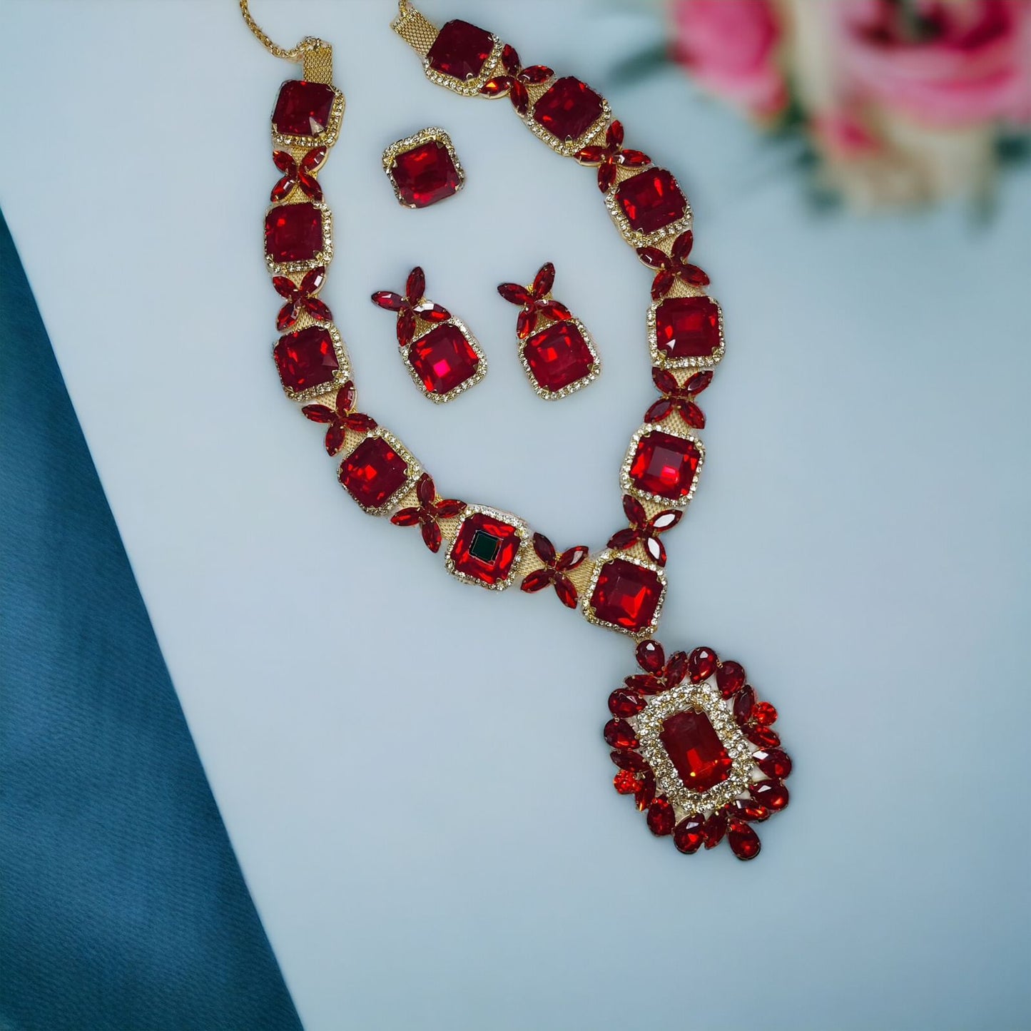 Glass Stone Rani Haar Set With Earrings And Adjustable Fingerring Red In Color