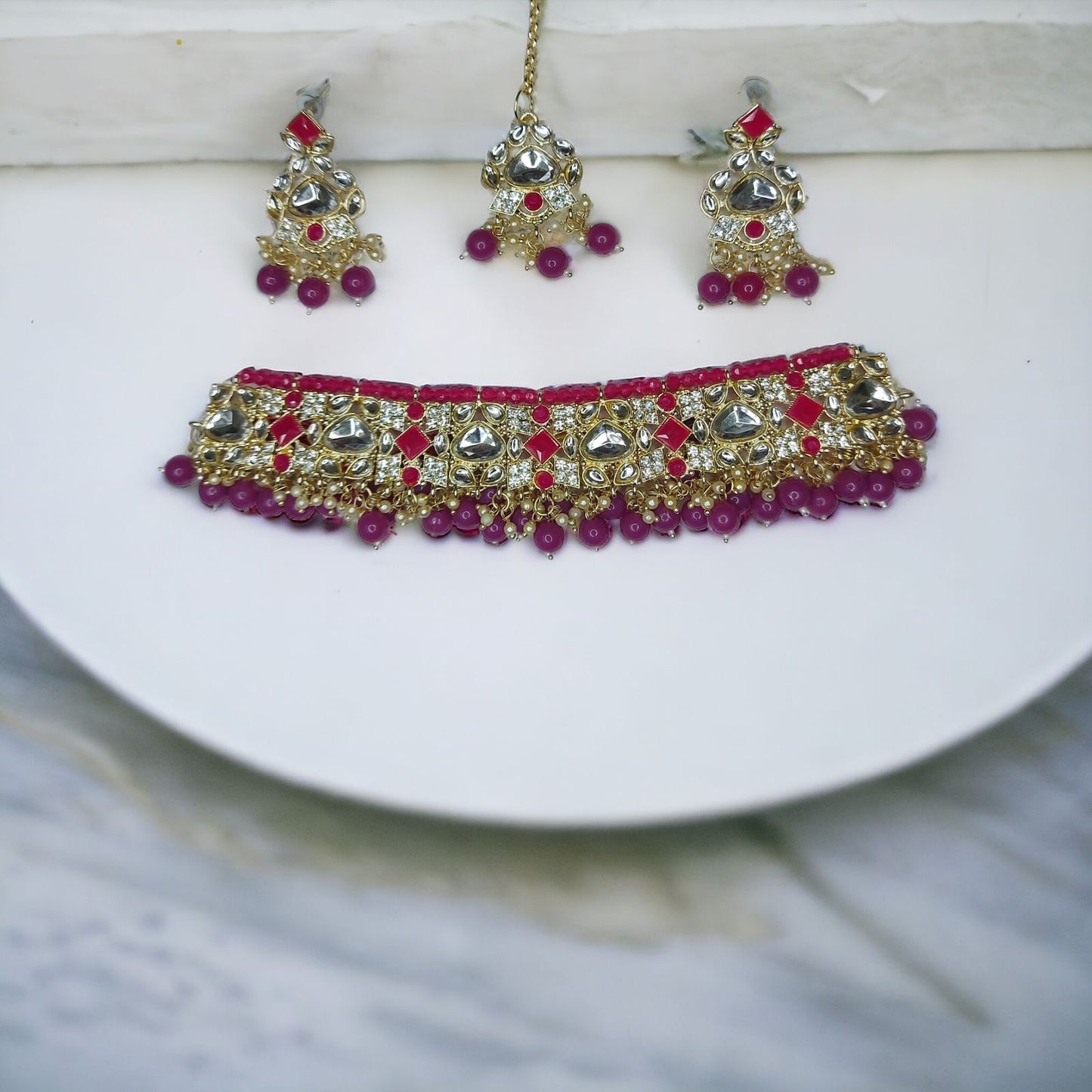 Kundan Polki With Hydro Crystal Choker Necklace Set With Earrings