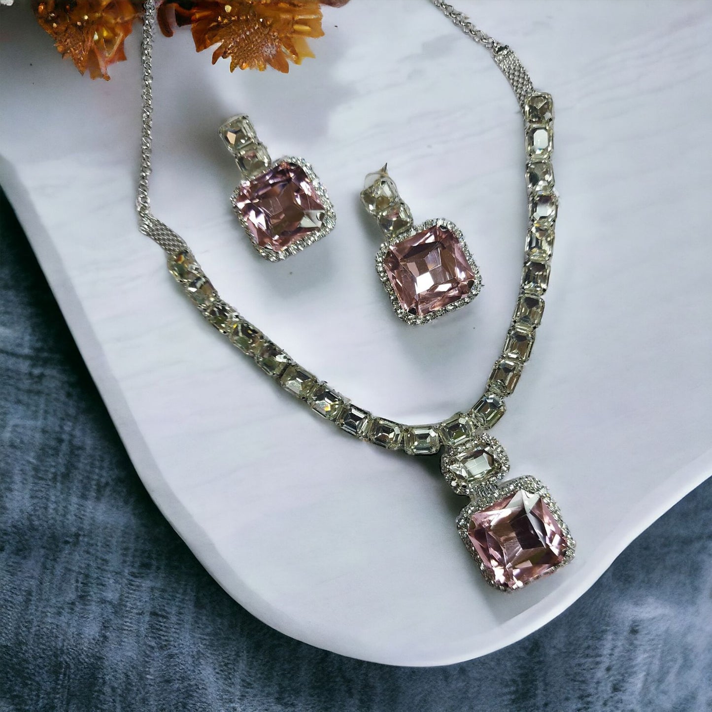 Glass Stone necklace set with earrings Blush pink color