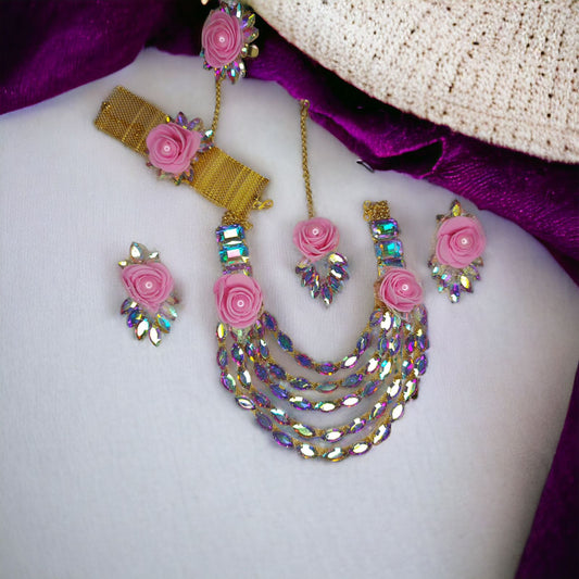 Floral Multi layer Glass Stone Necklace set with earrings mangtika and hath phool