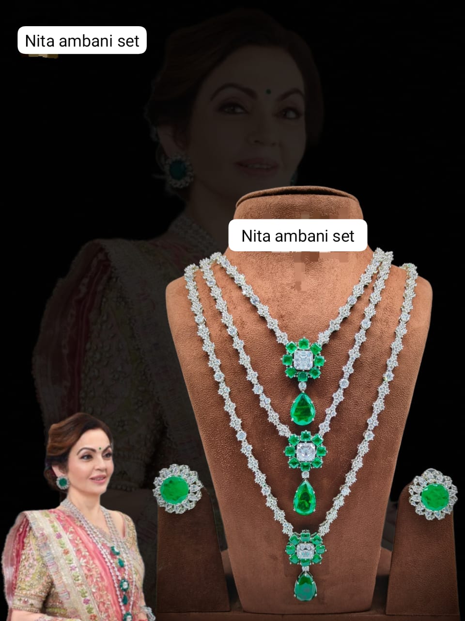 Nita Ambani Inspired 3 Layer Emerald Green Garba Necklace Set