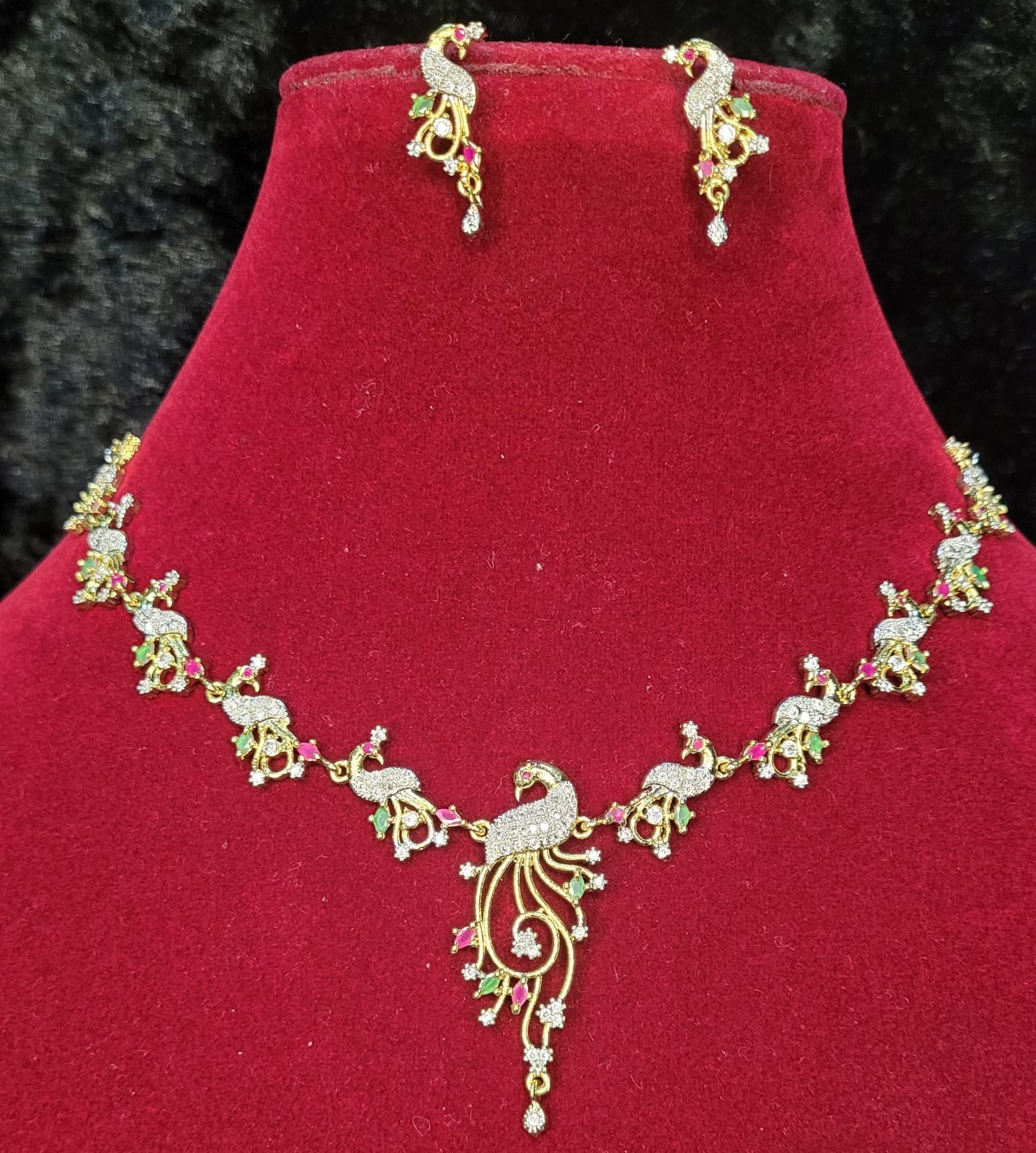 American Diamond Gold Polish Peacock Necklace Set