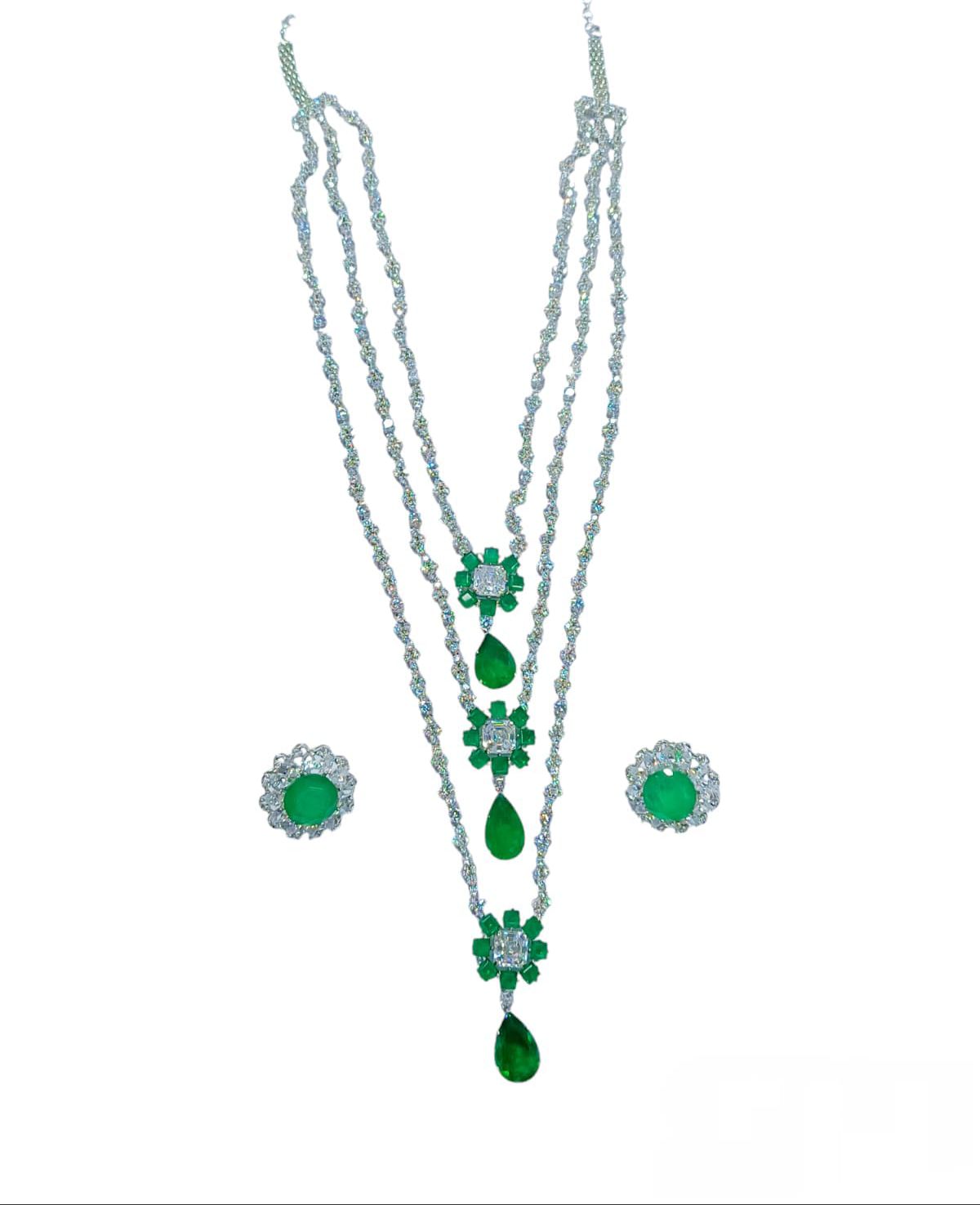 Nita Ambani Inspired 3 Layer Emerald Green Garba Necklace Set