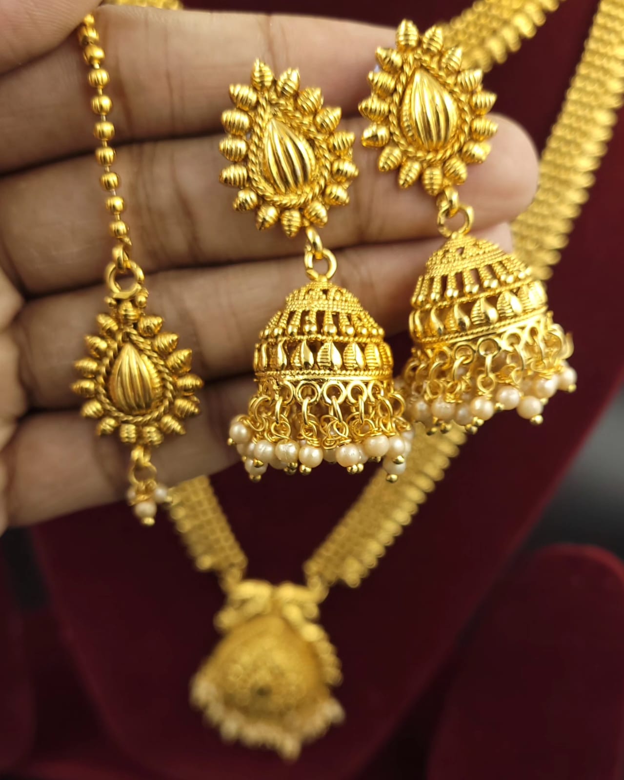 South Indian Temple Bridal Jewellery Combo Set  Contains Long Mala, Necklace,  Mangtika , Earrings