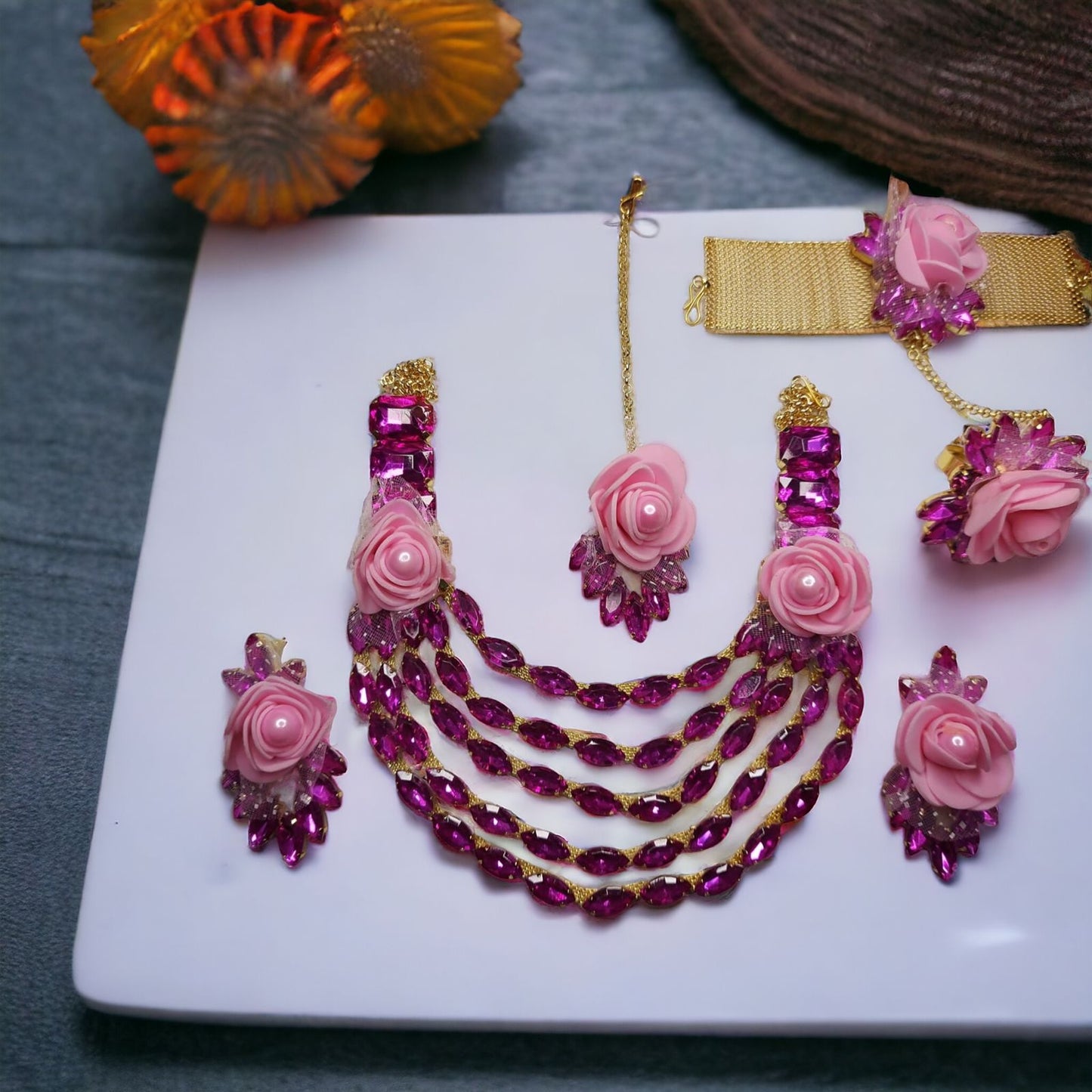 Floral Multi layer Glass Stone Necklace set with earrings mangtika and hath phool