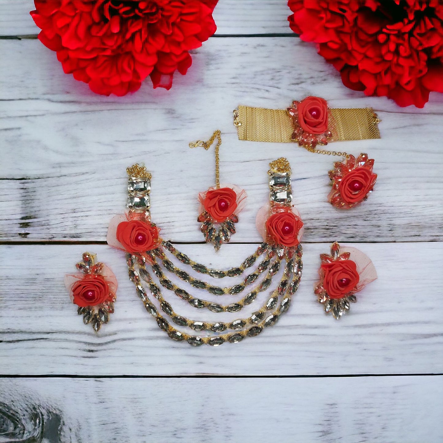 Floral Multi layer Glass Stone Necklace set with earrings mangtika and hath phool