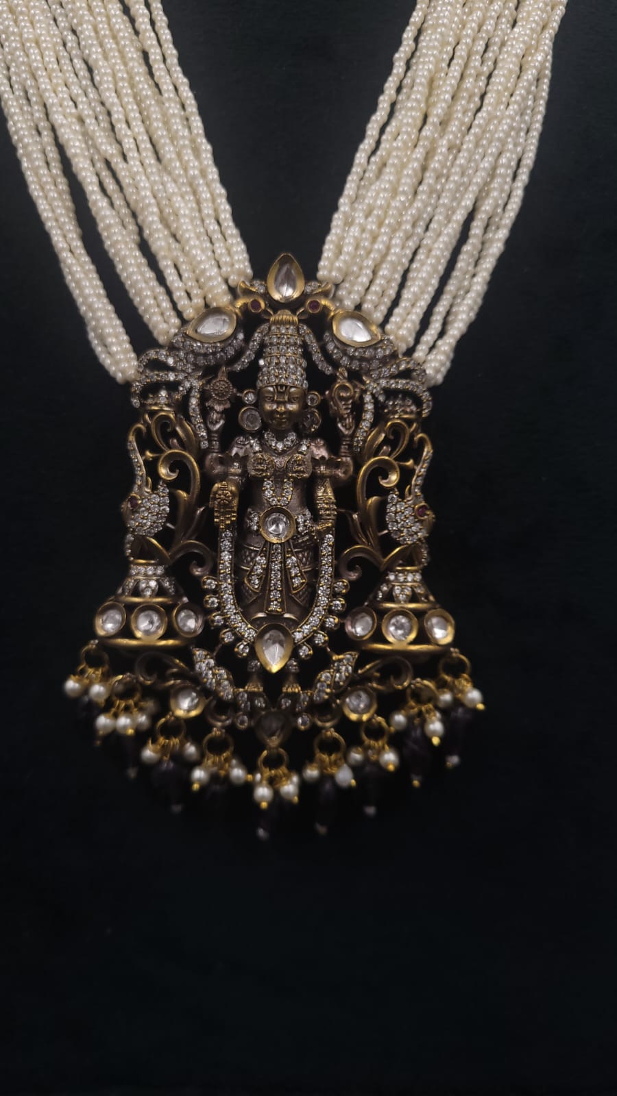 Shree Balaji Vishnu Dev Long Pearl Temple Necklace Set