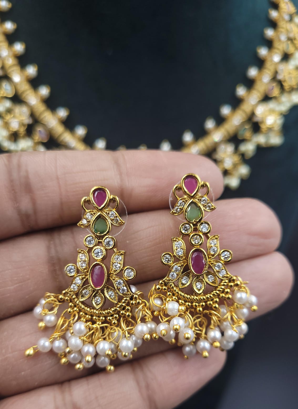 South Indian Guttapusalu Necklace Set with pearl and Semi Precious Stones