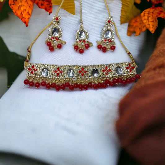 Kundan Polki With Hydro Crystal Choker Necklace Earrings With Mangtika Set Red in Color