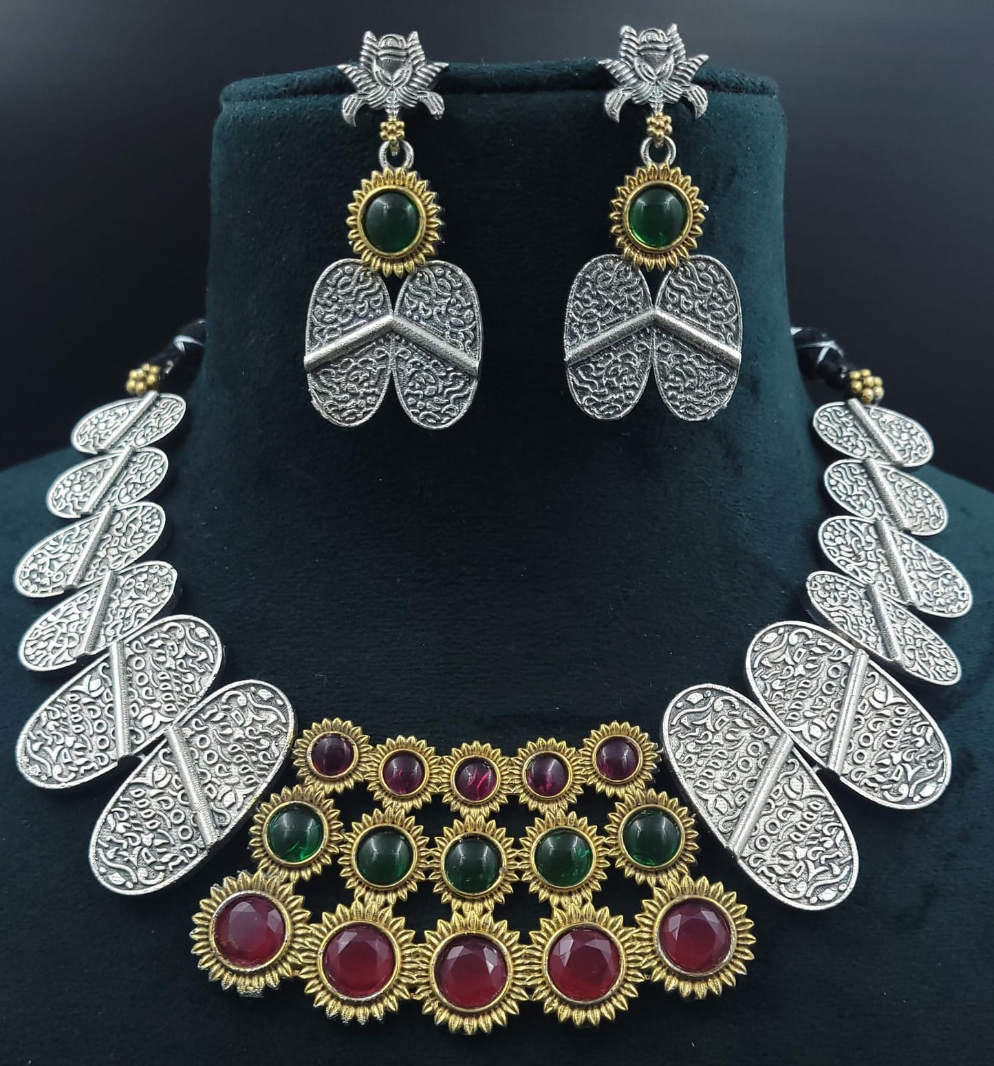 Silver Lookalike Necklace Set with Semi Precious Stones