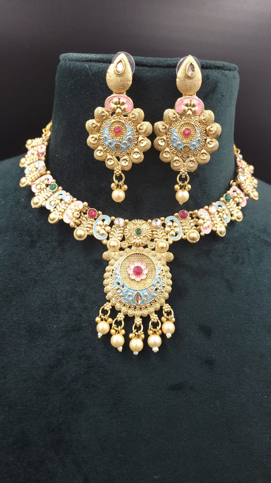 Temple Copper Necklace Set with Meenakari work