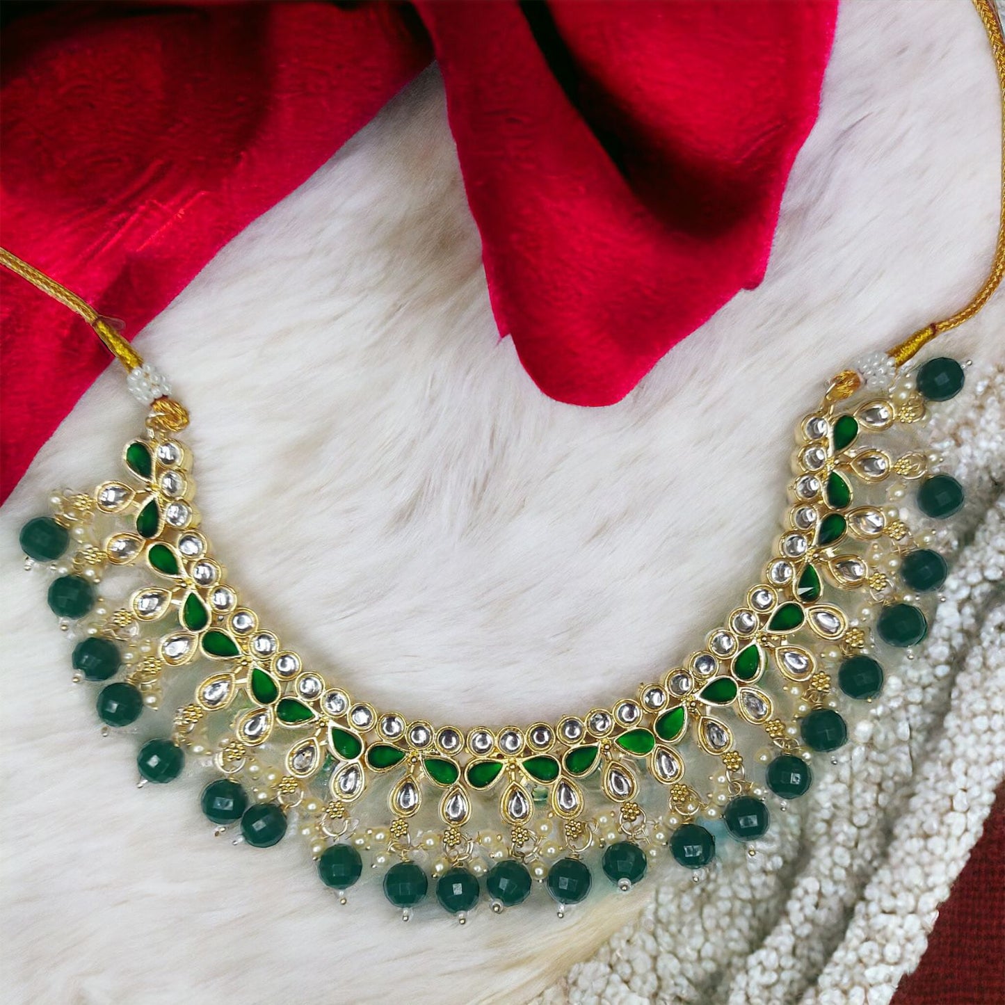 Kundan Polki With Hydro Crystal Choker Necklace Earrings With Mangtika