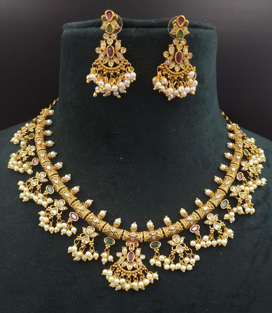 South Indian Guttapusalu Necklace Set with pearl and Semi Precious Stones