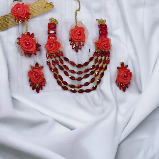 Floral Multi layer Glass Stone Necklace set with earrings mangtika and hath phool