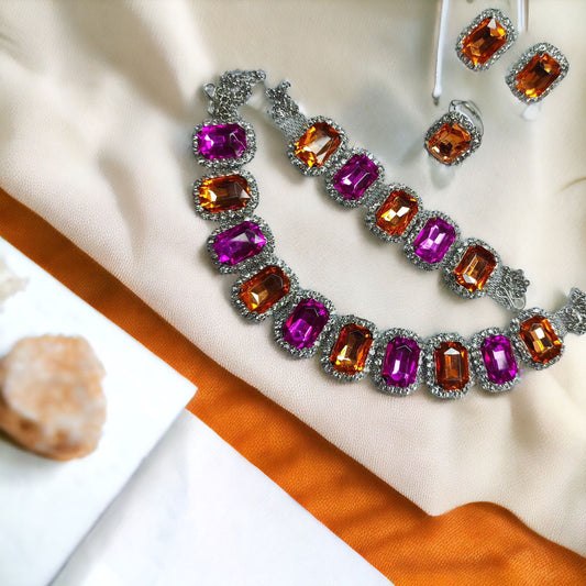 Glass Stone Necklace Set with bracelet , Earrings and Adjustable Fingerring