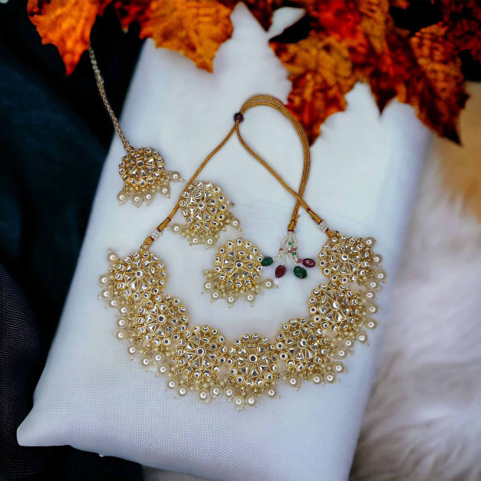 Bohemian Mirror Earrings and Maang Tikka Set-Green