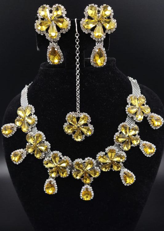 Glass stone CZ Necklace Earrings Mangtika set yellow color