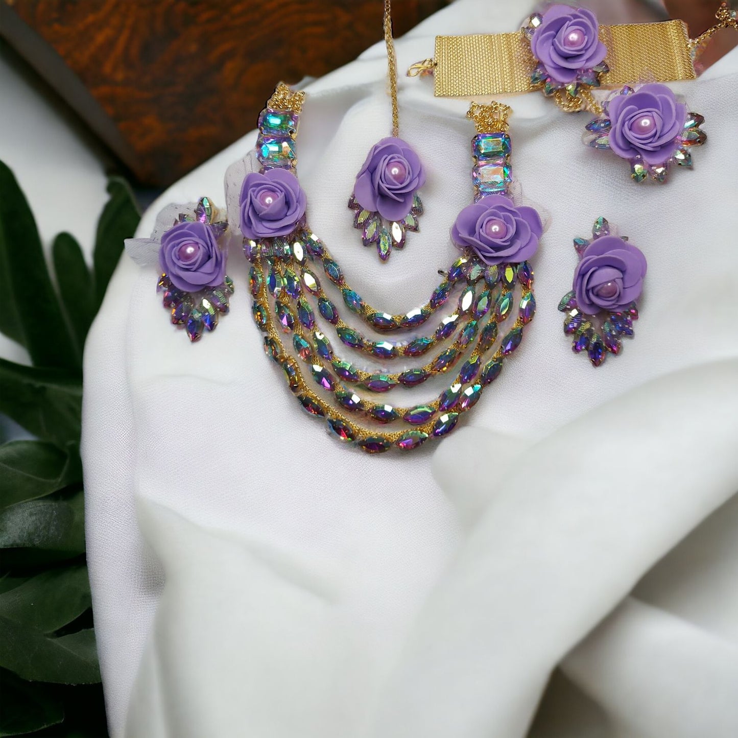 Floral Multi layer Glass Stone Necklace set with earrings mangtika and hath phool