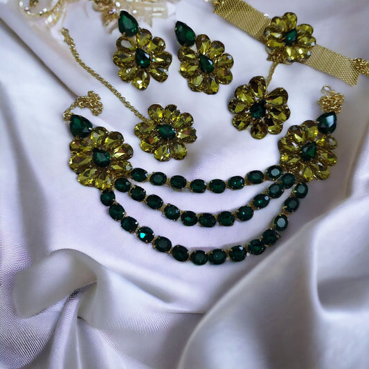 Glass Stone Necklace Multi layer lahori Flower Design with mang tika Yellow and Green Color