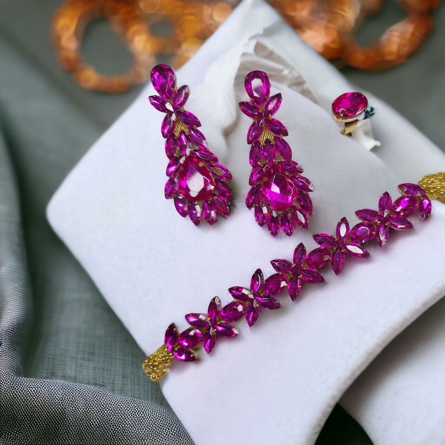 Glass Stone necklace set with earrings and adjustable fingerring rani pink color