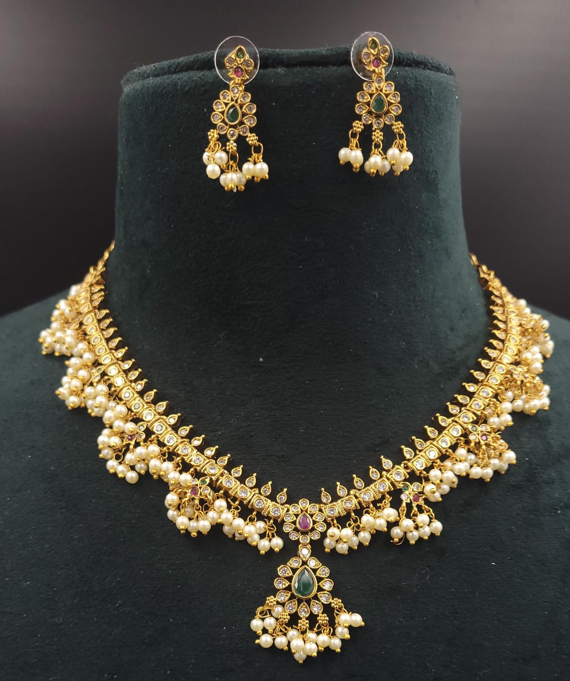 South Indian Guttapusalu Necklace Set with pearl and Semi Precious Stones