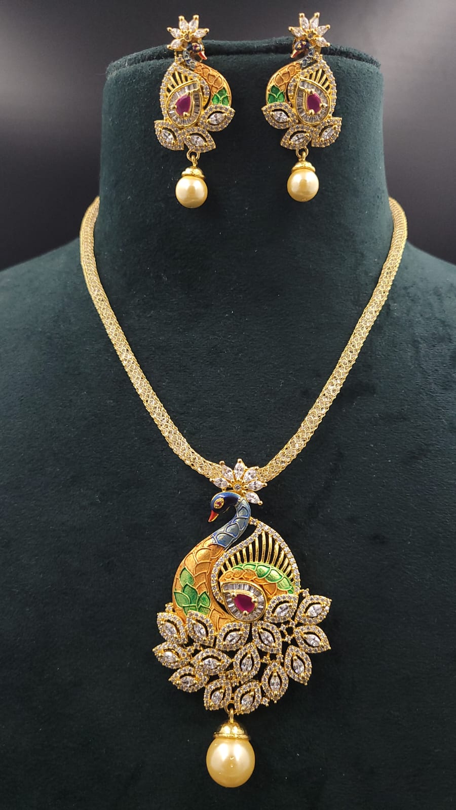 Moissanite with American Diamond and Meenakari  work Peacock pendant earrings with AD chain set in gold plating