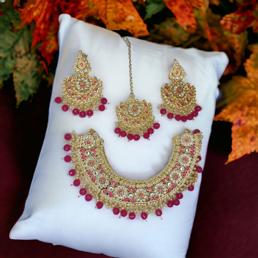 Kundan with hydro crystal necklace earrings mangtika set Red in Color