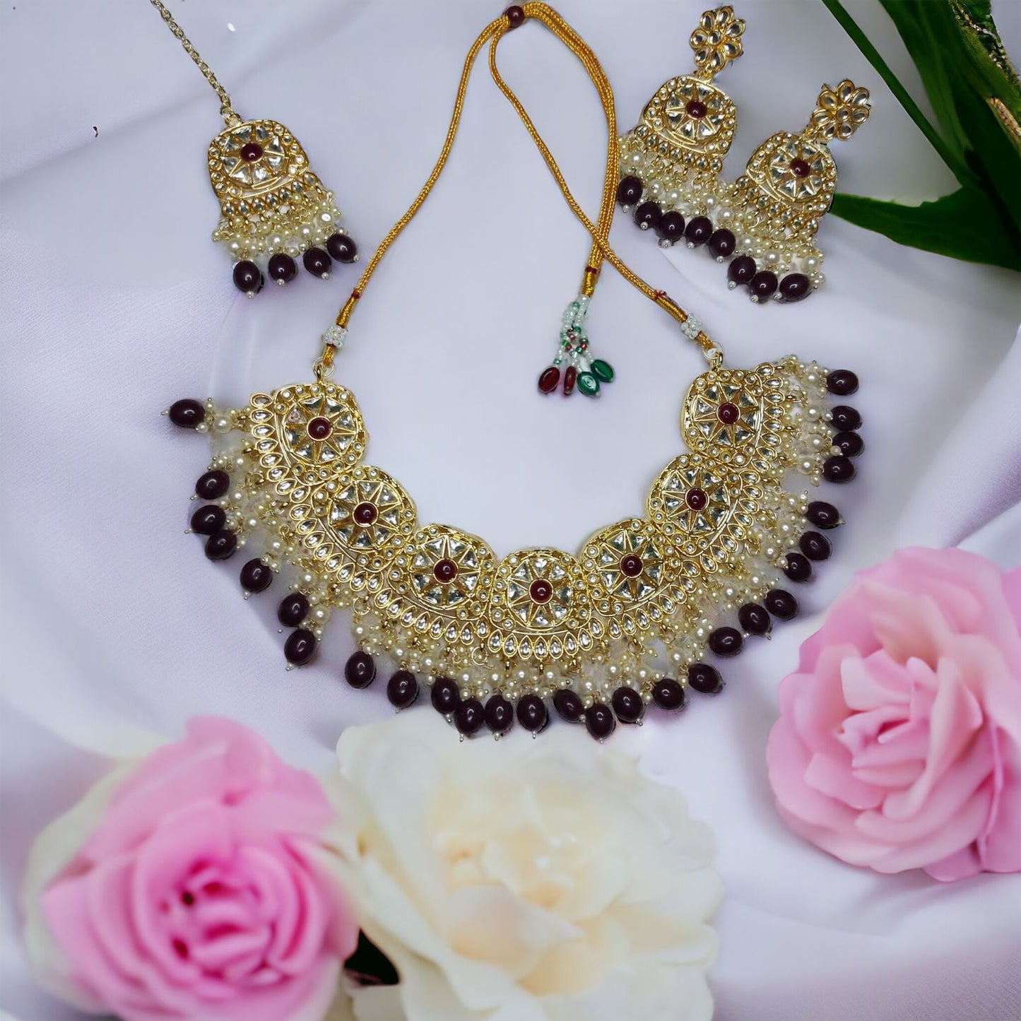 Kundan Hydro Crystal Necklace Set With Earrings Mangtika Wine Color