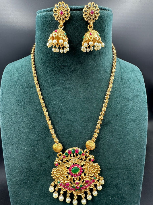 South Indian Style Temple copper Long necklace Set