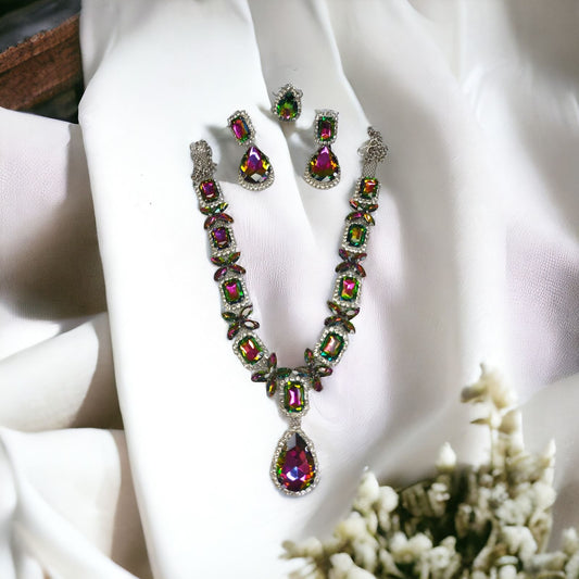 Glass Stone Necklace Set With Earrings And Adjustable Finger-Ring VM Color