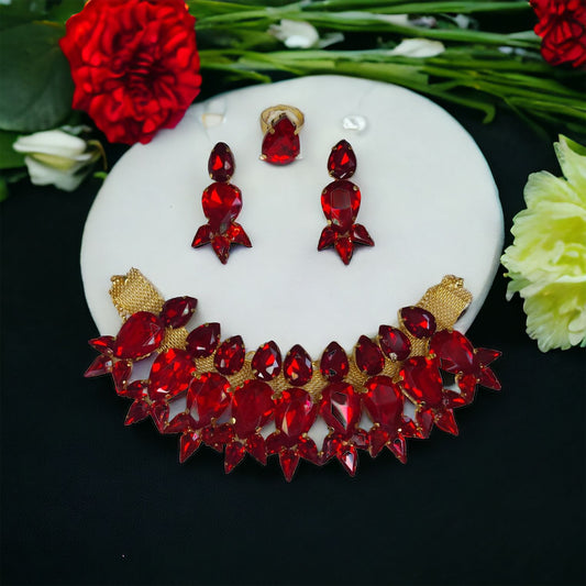 Glass Stone Necklace Set With Earrings And Adjustable Finger-Ring Red Color