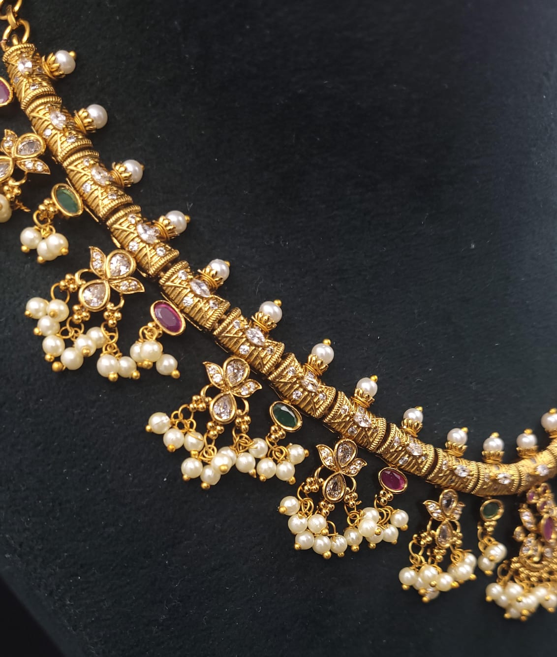 South Indian Guttapusalu Necklace Set with pearl and Semi Precious Stones