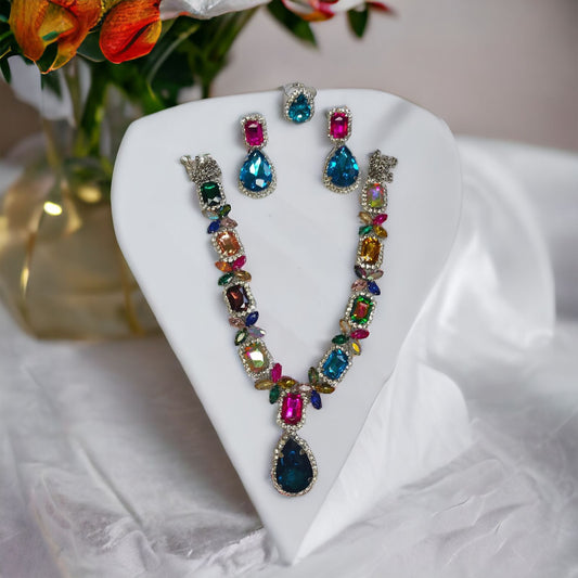 Glass Stone Necklace Set With Earrings And Adjustable Finger-Ring Multi Color