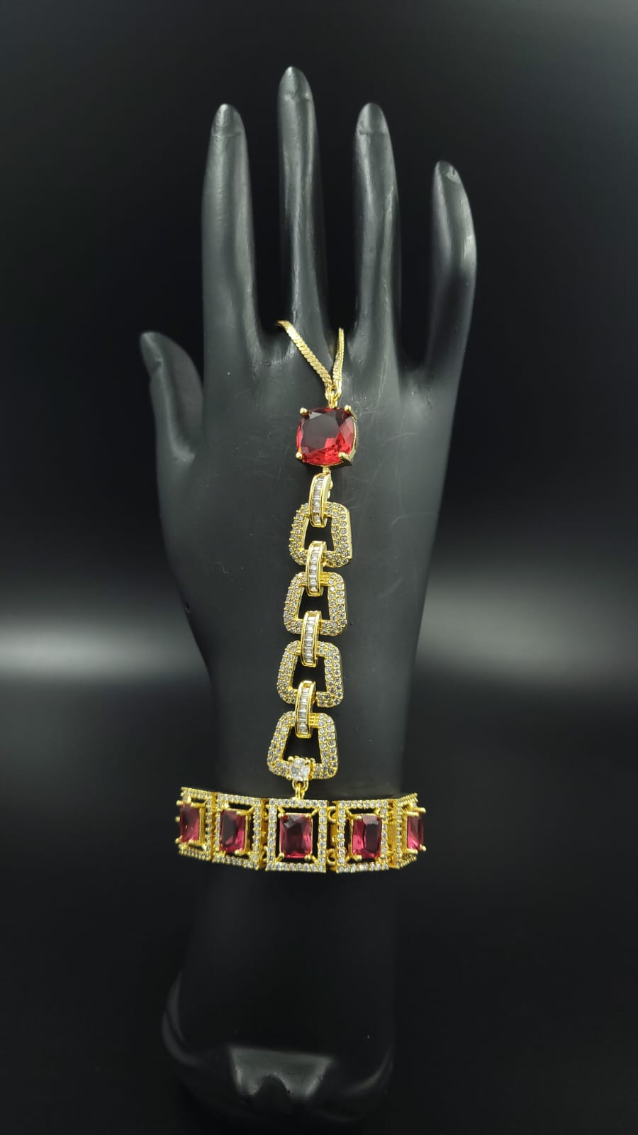 AD hath phool | Hath panja | Hand Bracelet  with adjustable pully (Free Size)Red in color | Gold Plating