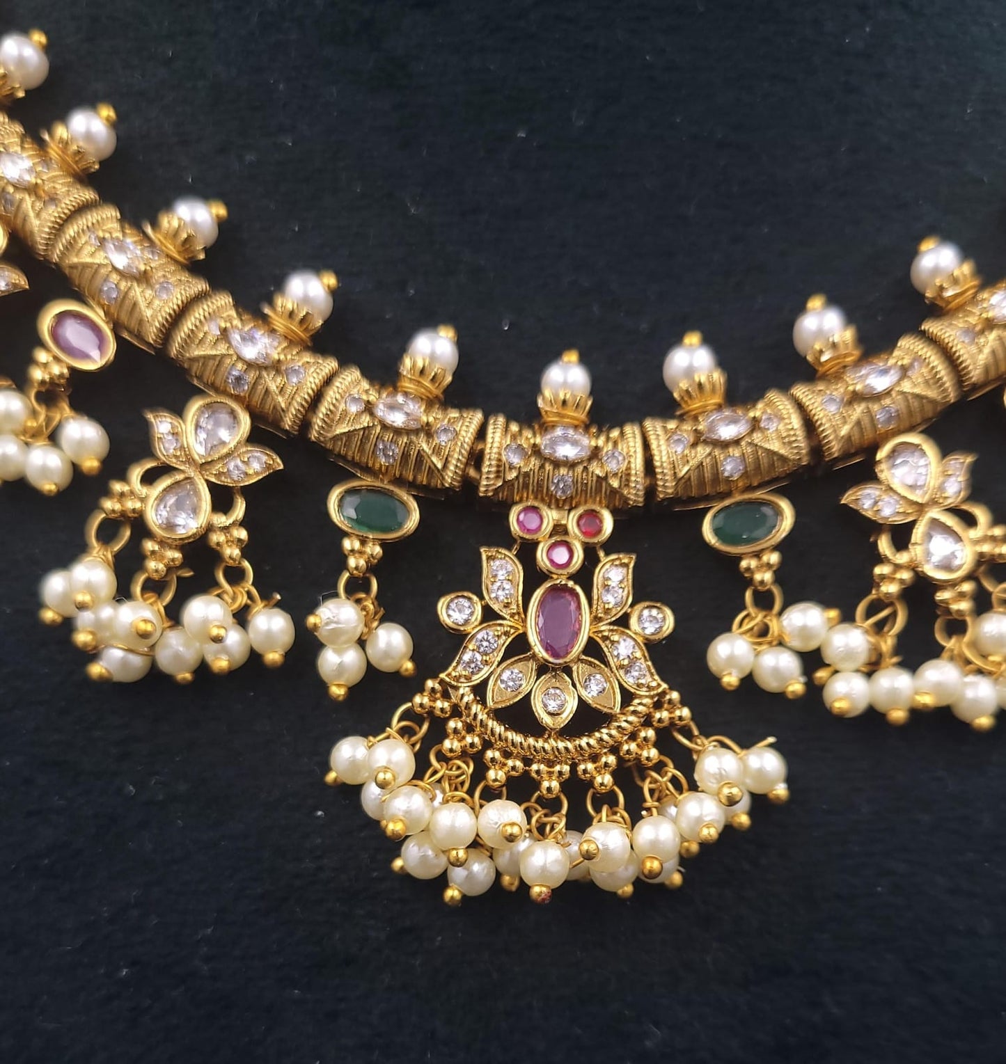 South Indian Guttapusalu Necklace Set with pearl and Semi Precious Stones