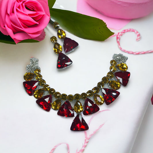 Glass Stone necklace set with earrings Yellow and Red Color